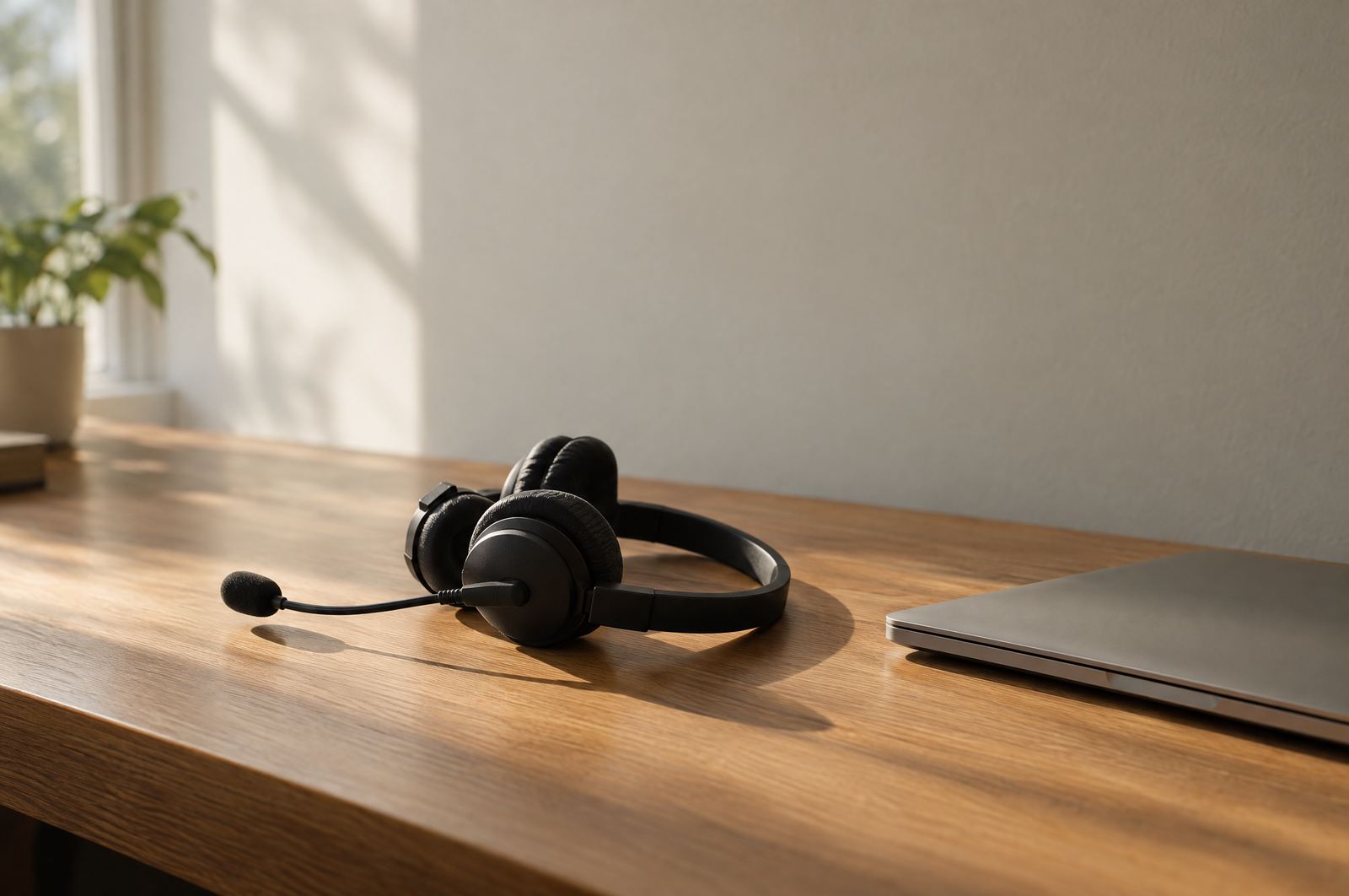 A professional headset resting on a wooden desk beside a closed laptop