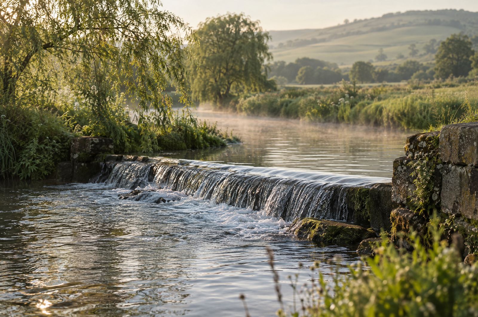 A clear English river with a small weir in green countryside