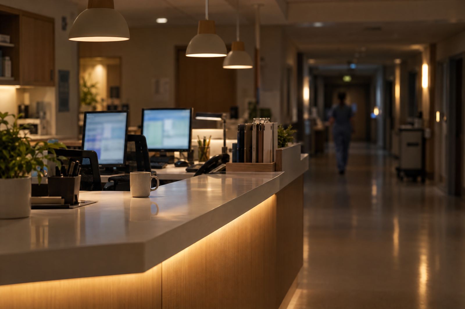 A calm hospital nurses' station at night, monitors glowing softly