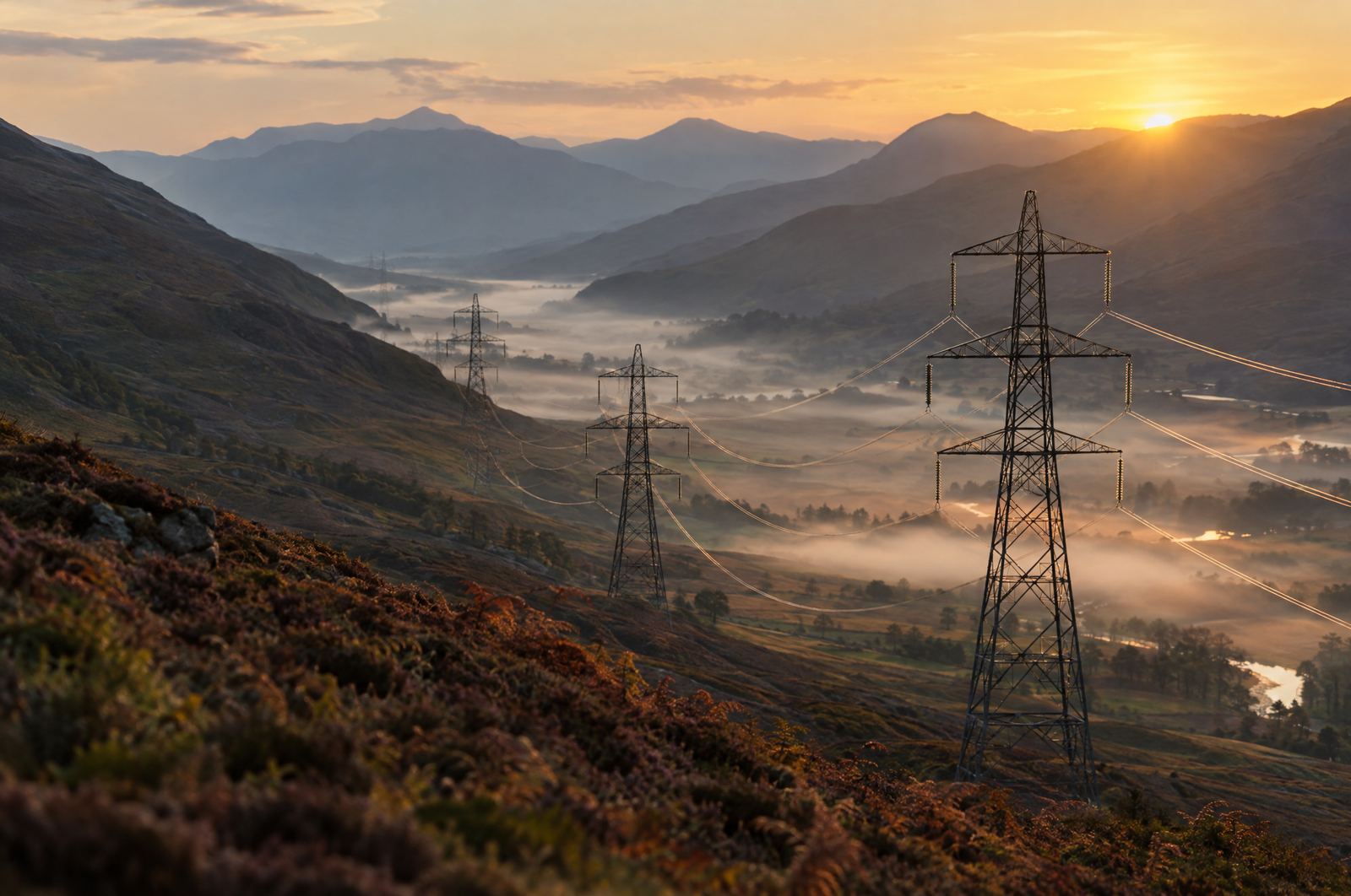 High-voltage transmission pylons crossing a Highland glen at dawn