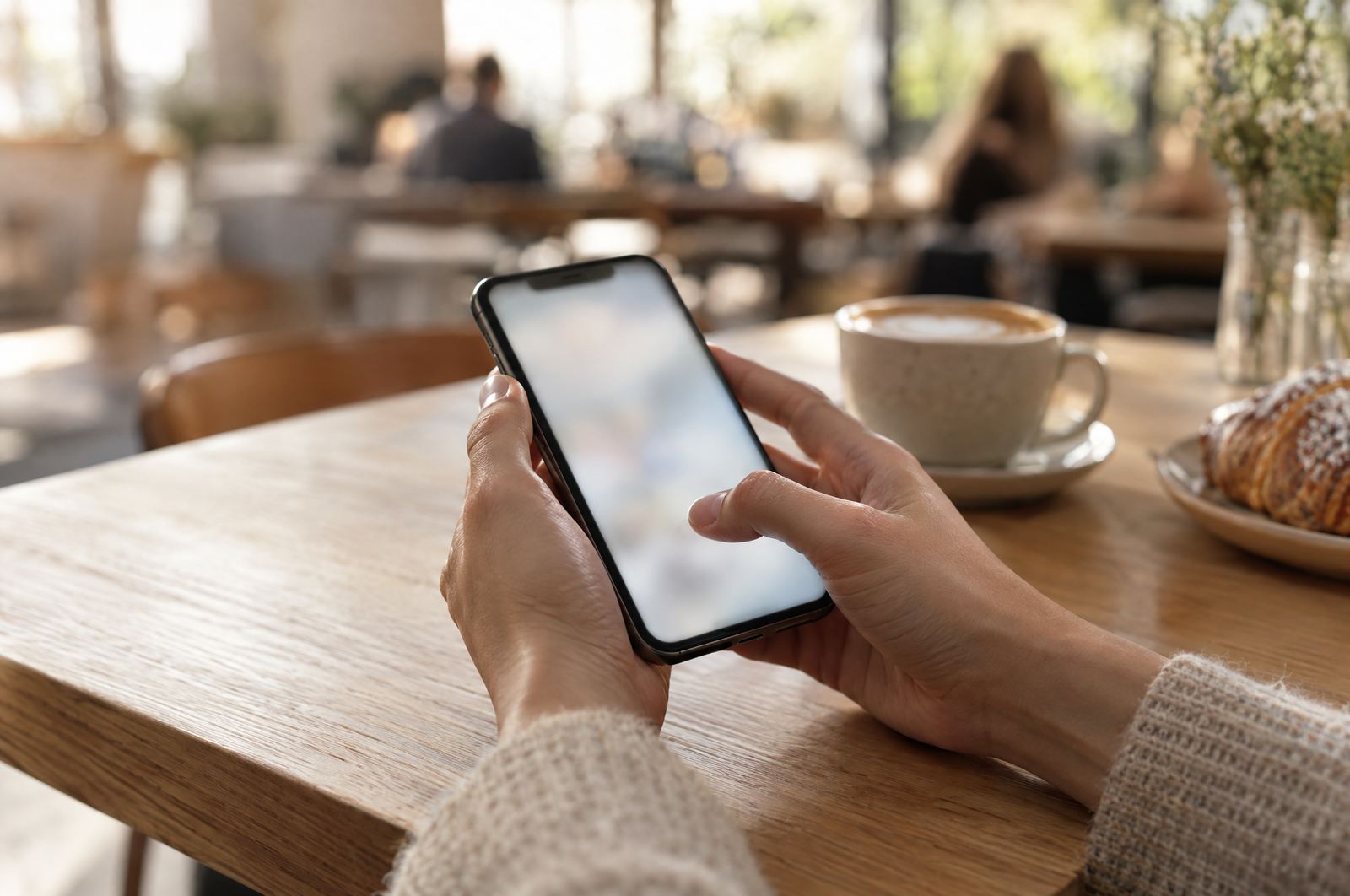 Hands holding a smartphone in a bright café