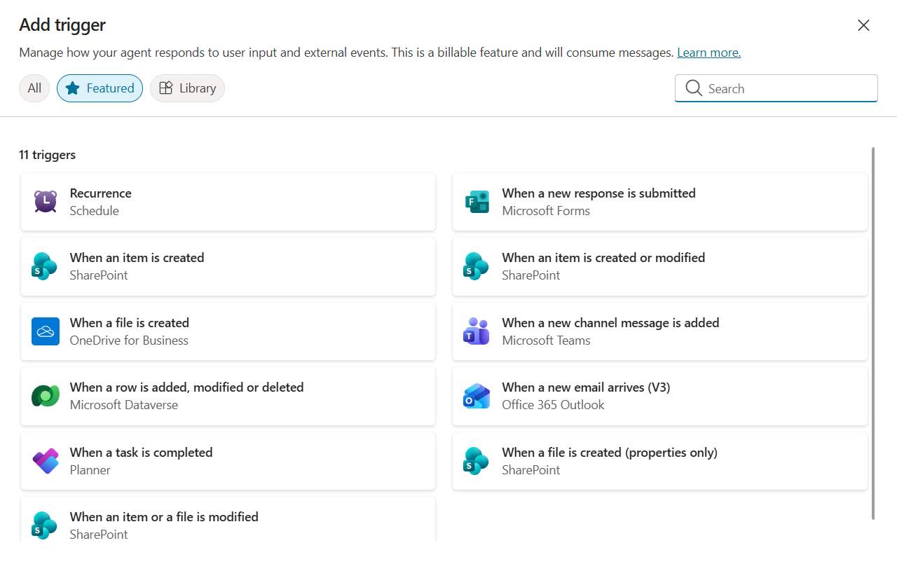 The Copilot Studio Add trigger dialog on the Featured tab, listing eleven event triggers including Microsoft Dataverse when a row is added, modified or deleted.