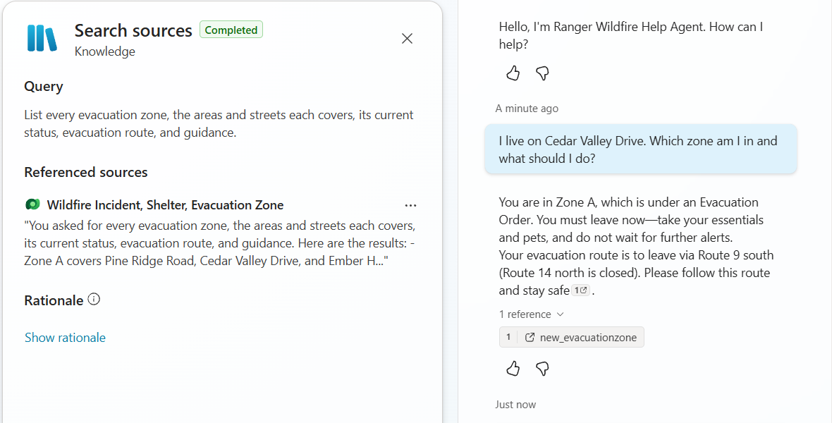 A Copilot Studio agent answering a question about Cedar Valley Drive with Zone A and an evacuation order, showing the retrieval trace and a citation to the new_evacuationzone Dataverse table.