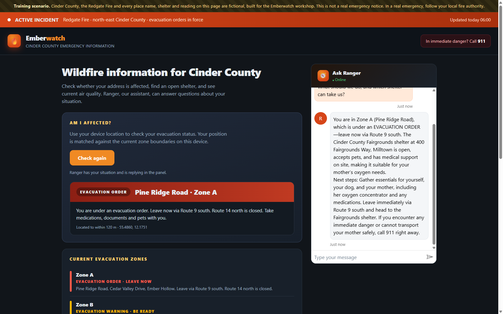 The Emberwatch public information page for the fictional Cinder County, showing an evacuation order card for Pine Ridge Road in Zone A next to the Ranger chat panel.